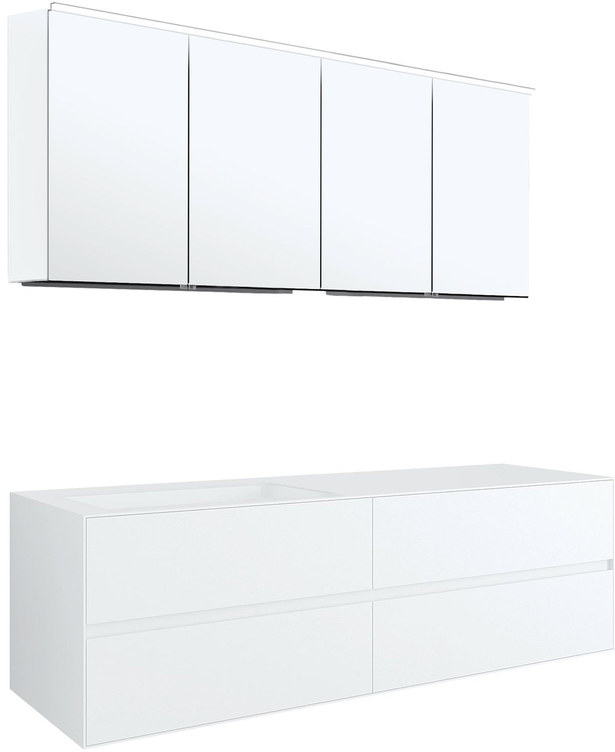 MEUBEL 4 LADES+MEUBELLAVABO LINKS TENSO 160CM ZONDER KRAANGAT WIT MET SPIEGELKAST