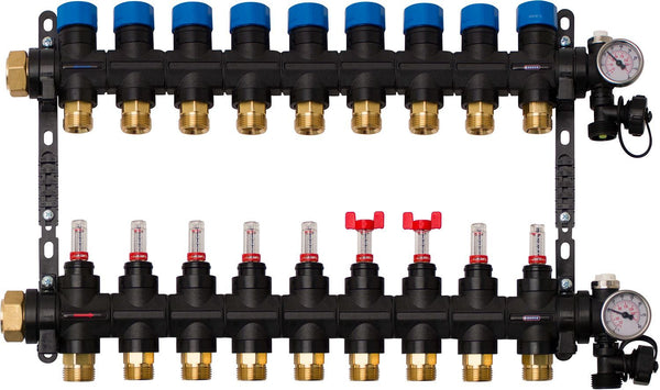 Composiet collector vloerverwarming Henco 4/4"-9X3/4"EK (debietmet/thermomet/vul-aftapkraan/purg)
