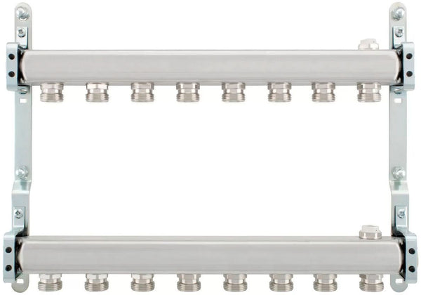 Rvs collector set 4/4"-8 X 3/4"EK met ontluchter + muurbevestiging