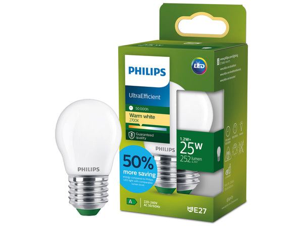 Philips ampoule LED sphérique filament transparent mat E27 1,2W blanc chaud