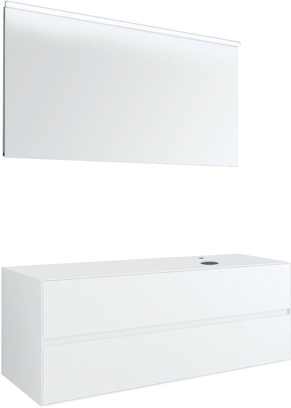 MEUBEL 2LADES+TABLET VOOR OPBOUWLAVABO RECHTS TENSO 140CM +KRAANGAT WIT MET SPIEGEL