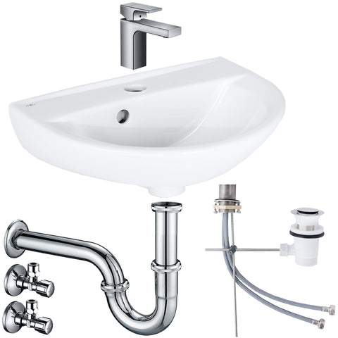 Wastafel compleetset Rosmarin 45 cm met Hansgrohe armatuur afvoergarnituur en Belvit sifon Schell hoekstopkraan - Wit