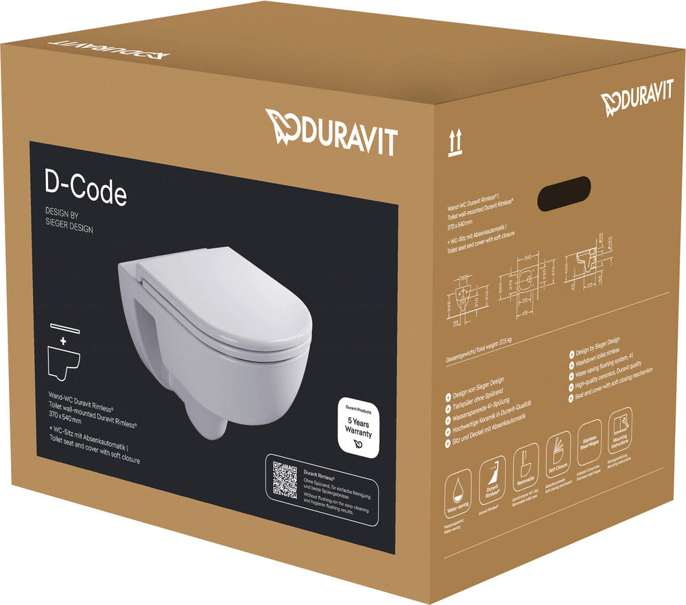 Duravit D-Code wc pack hangtoilet met Soft Close & Take Off