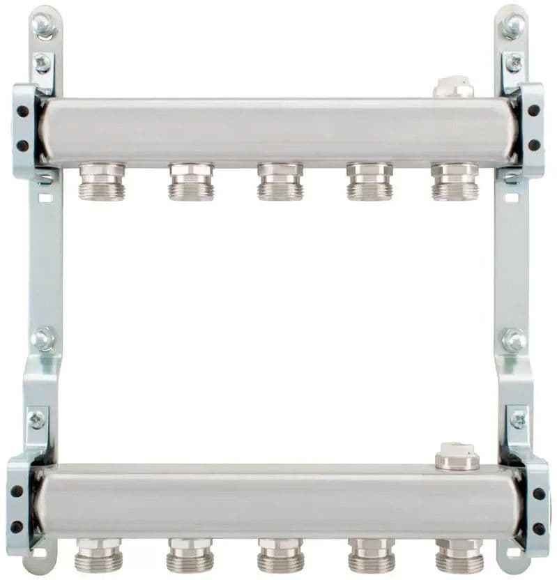 Rvs collector set 4/4"-5 X 3/4"EK met ontluchter + muurbevestiging