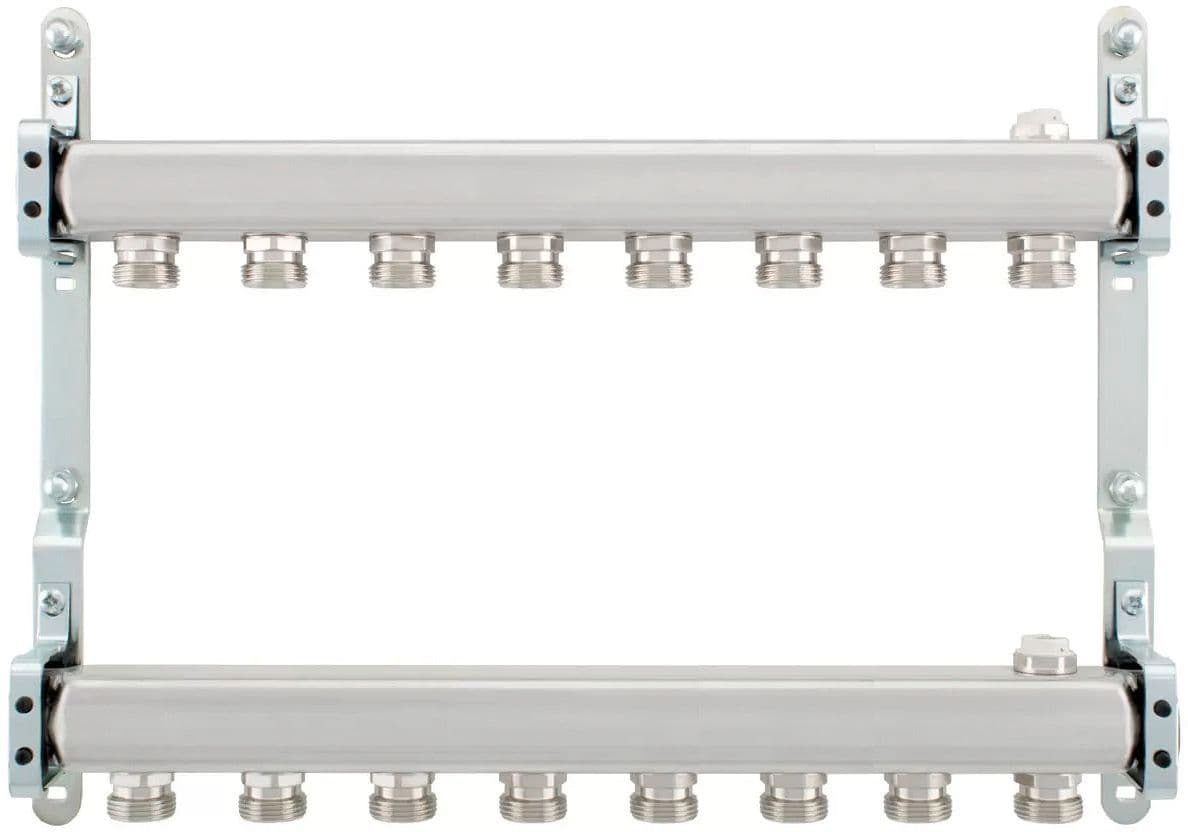 Rvs collector set 4/4"-8 X 3/4"EK met ontluchter + muurbevestiging
