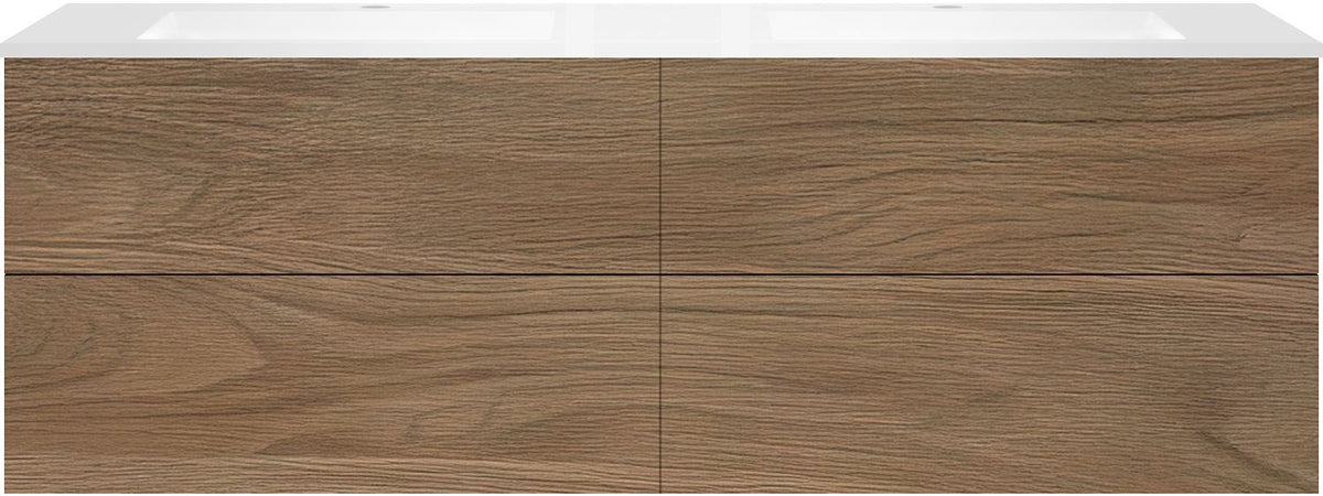 Onderbouw COFFEE 4 lades 180 duo eik caramel +dubbele wastafel kunstmarmer wit