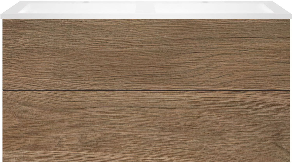 Onderbouw COFFEE 2 lade 120 duo eik caramel + dubbele wastafel kunstmarmer mat wit