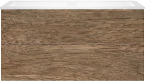 Onderbouw COFFEE 2 lade 120 duo eik caramel + dubbele wastafel kunstmarmer mat wit, badkamermeubelen — SKU DESCO-192859