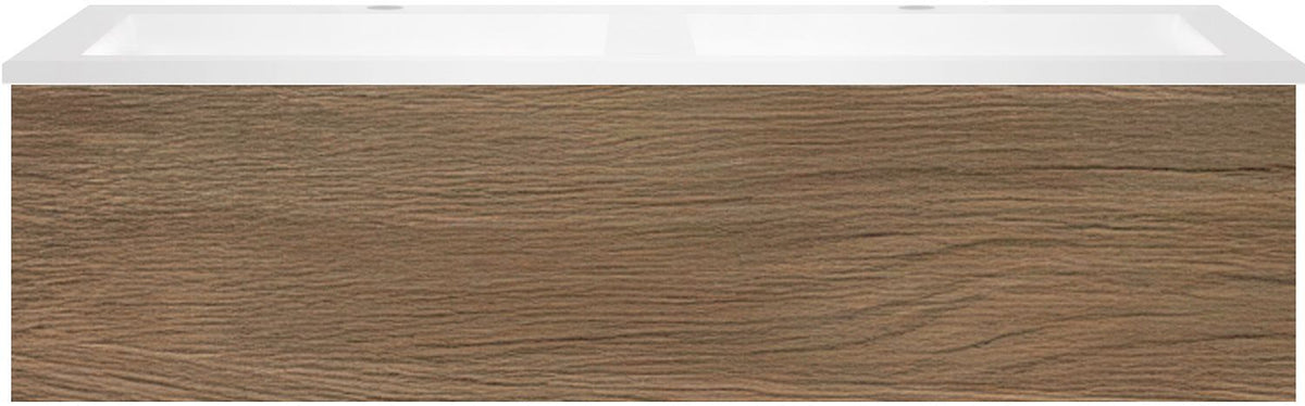 Onderbouw COFFEE 1 lade 120 duo eik caramel + dubbele wastafel kunstmarmer mat wit