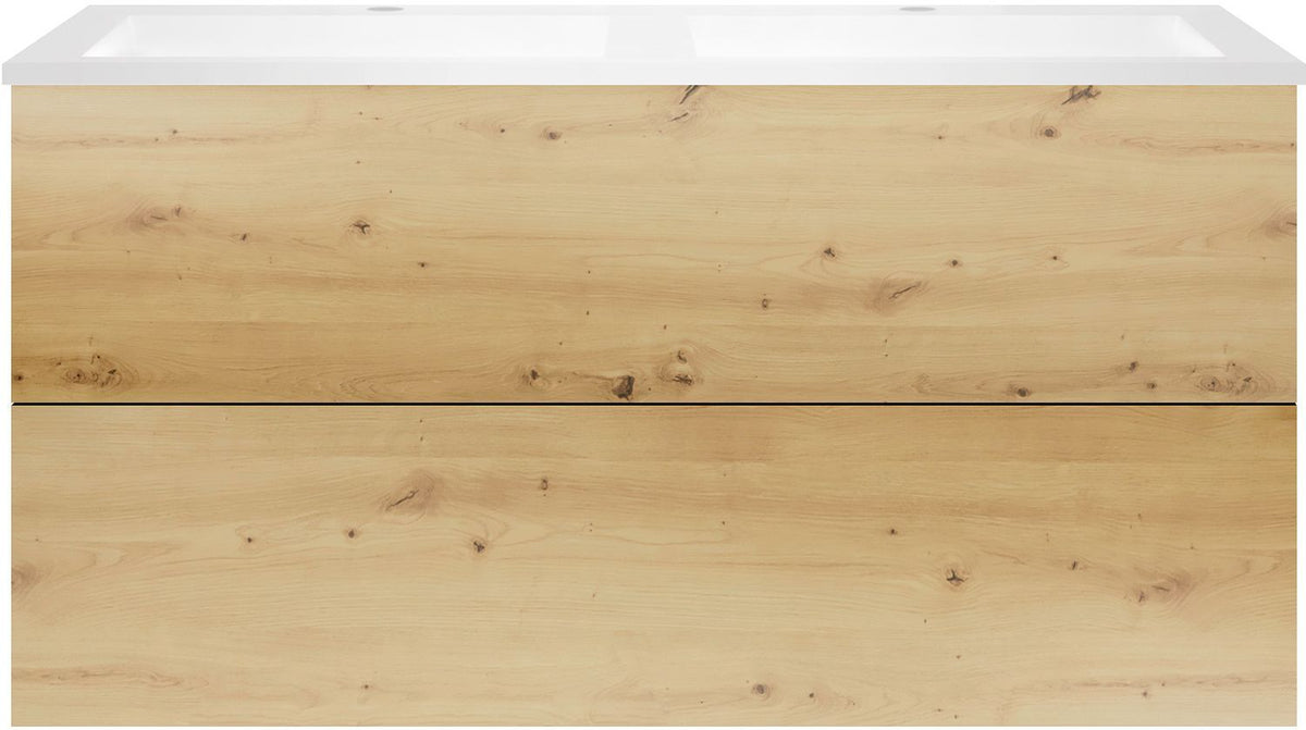 Onderbouw COFFEE 2 lade 120 duo eik urban + dubbele wastafel kunstmarmer mat wit