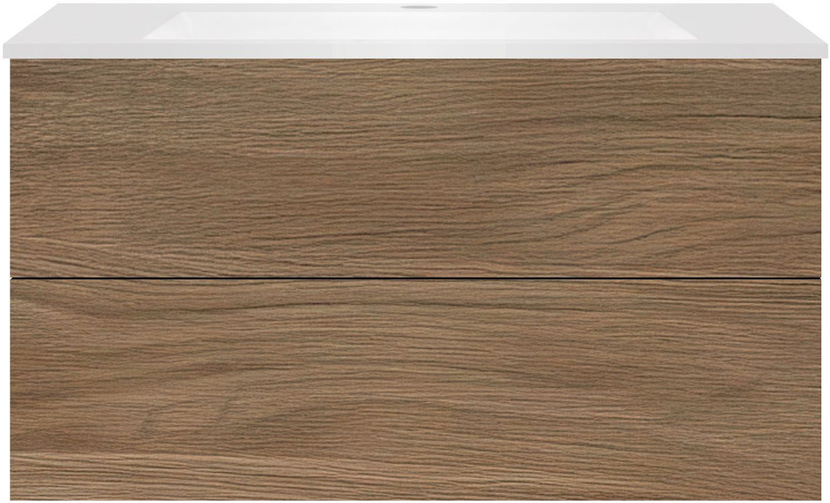 Onderbouw COFFEE 2 lades 100 eik caramel+wastafel kunstmarmer mat wit