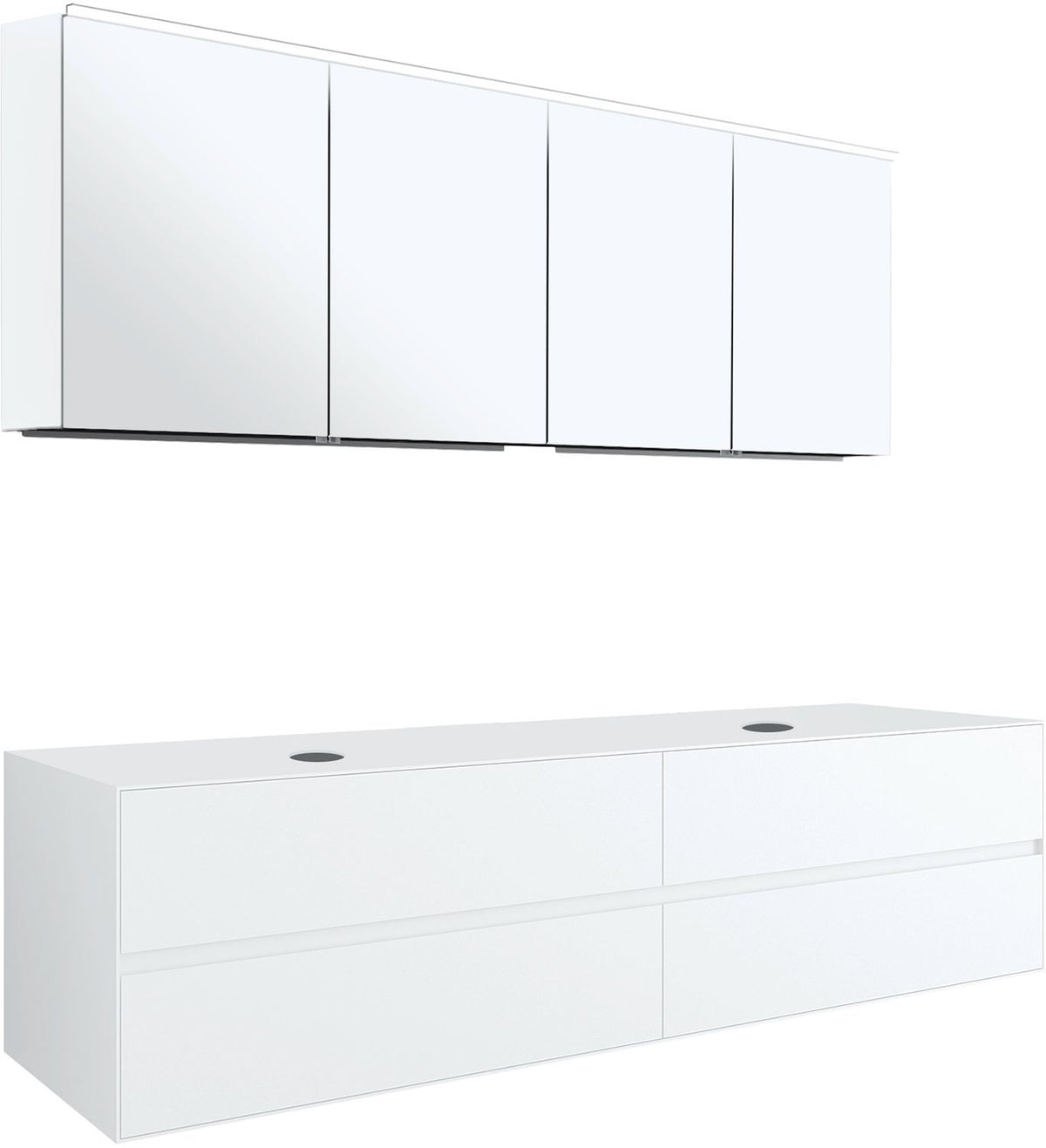 Meubel 4LADES+TABLET voor 2 opbouwlavabos tenso 180CM zonder kraangat wit met spiegelkast