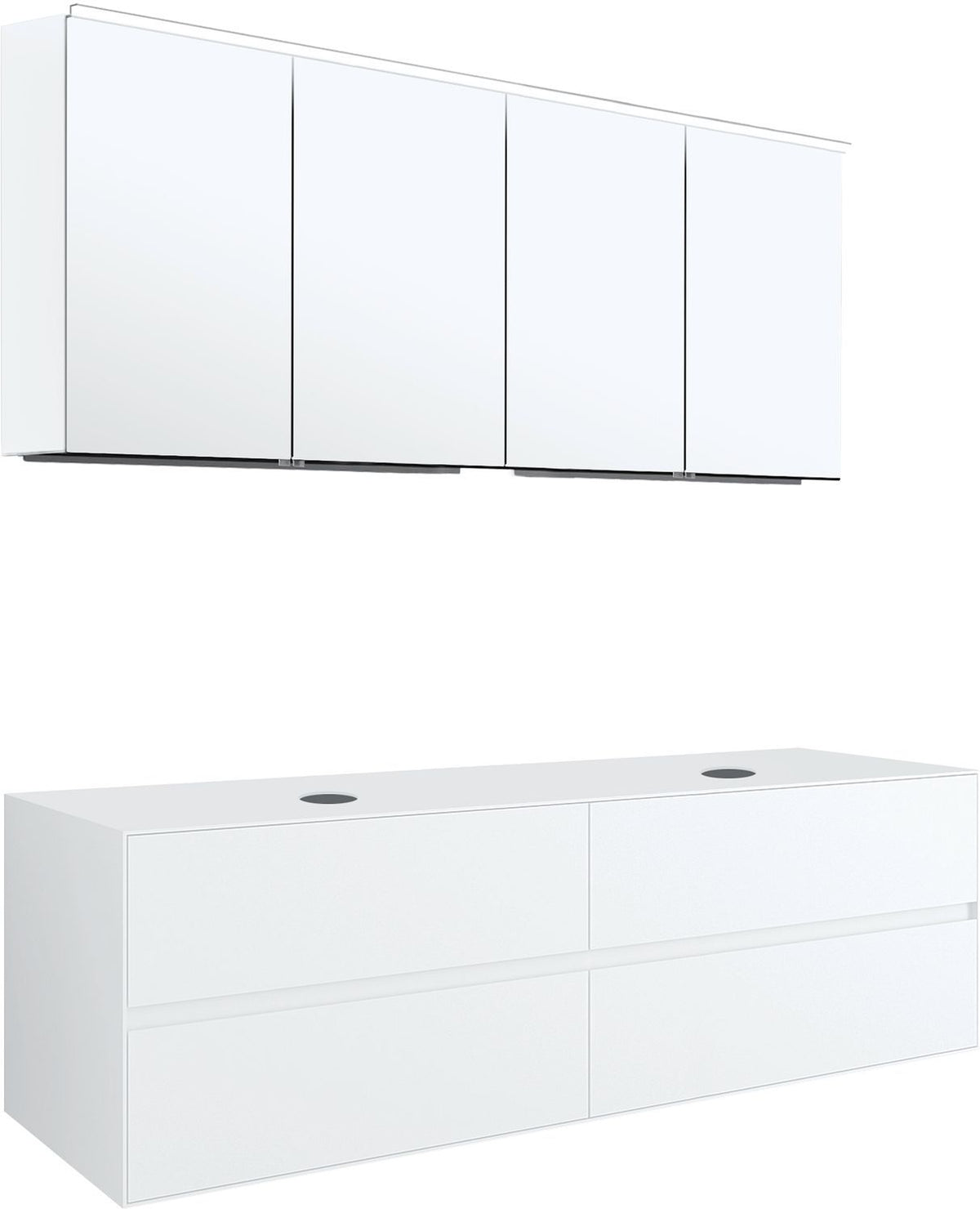 Meubel 4LADES+TABLET voor 2 opbouwlavabos tenso 160CM zonder kraangat wit met spiegelkast