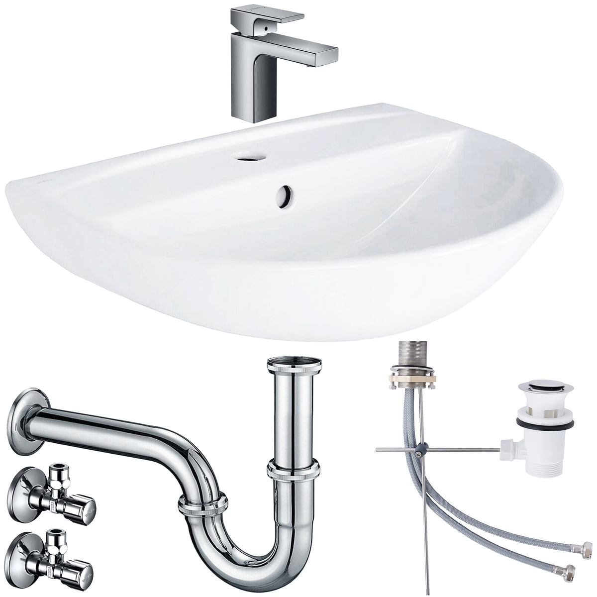 Wastafel compleetset Tulpe 50 cm met Hansgrohe armatuur afvoergarnituur en Belvit sifon Schell hoekstopkraan - Wit