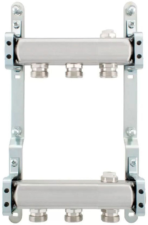 Rvs collector set 4/4"-3 X 3/4"EK met ontluchter + muurbevestiging
