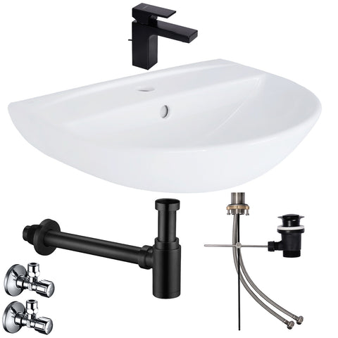 Wastafel compleetset Tulpe 55 cm met Hansgrohe armatuur afvoergarnituur zwart en Belvit sifon + Schell hoekstopkraan - Mat zwart