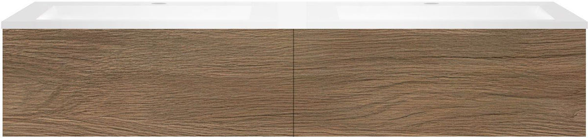 Onderbouw COFFEE 2 lades 160 duo eik caramel+dubbele wastafel kunstmarmer wit
