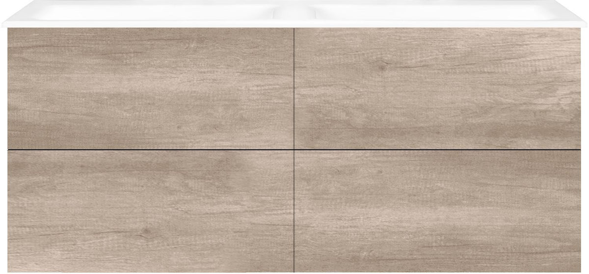 Onderbouw COFFEE 4 lades 140 duo eiken Decor flanel +dubbele wastafel porselein zonder kraangat wit