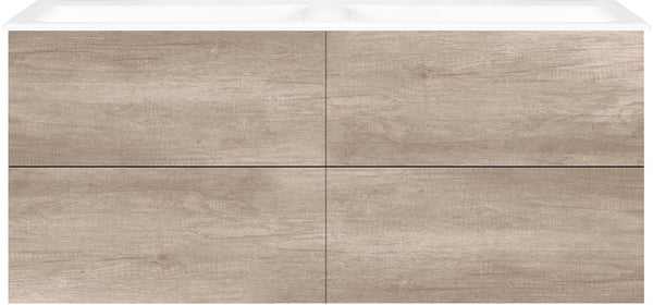 Onderbouw COFFEE 4 lades 140 duo eiken Decor flanel +dubbele wastafel porselein zonder kraangat wit