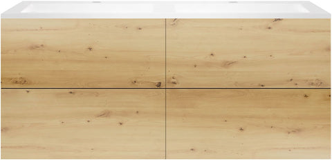 Onderbouw COFFEE 4 lades 140 duo eiken urban +dubbele wastafel kunstmarmer mat wit