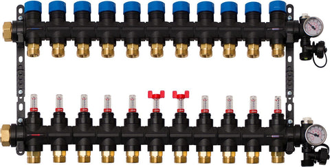 Composiet collector vloerverwarming Henco 4/4"-11X3/4"EK (debietmet/thermomet/vul-aftapkraan/purg)