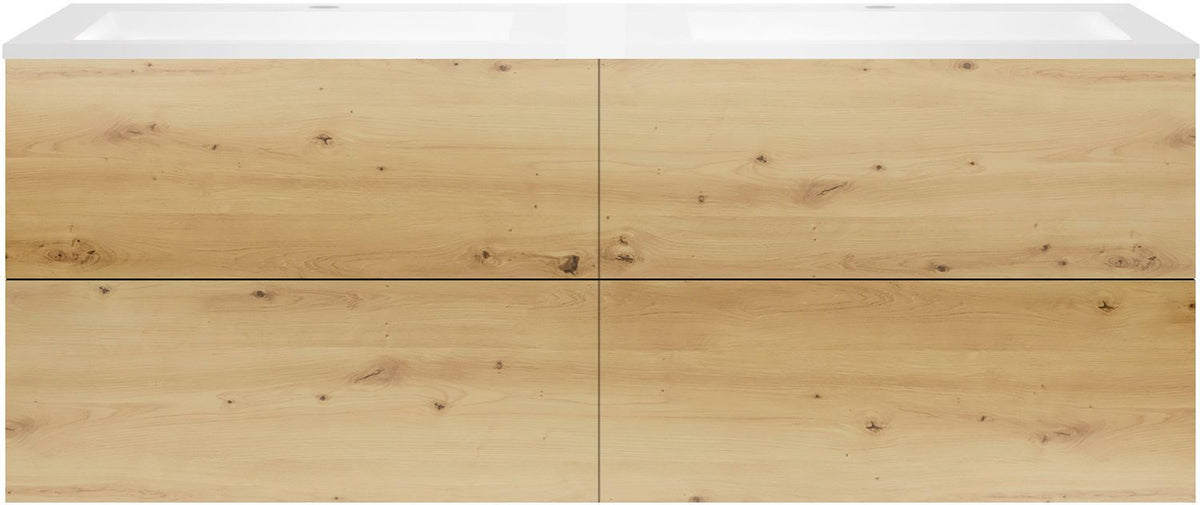 Onderbouw COFFEE 4 lades 160 duo eiken urban +dubbele wastafel kunstmarmer mat wit