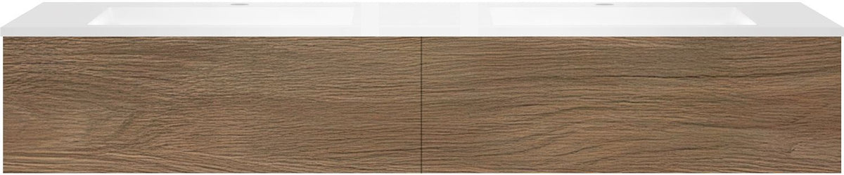 Onderbouw COFFEE 2 lades 180 duo eik caramel+dubbele wastafel kunstmarmer mat wit