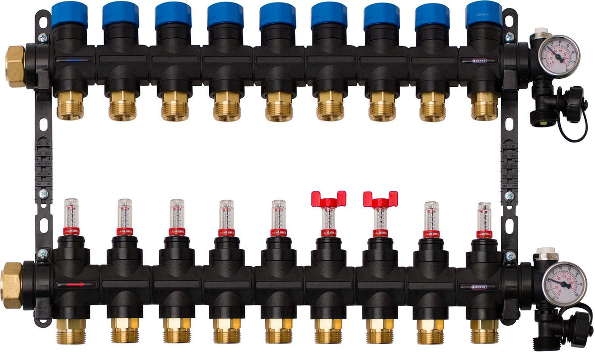 Composiet collector vloerverwarming Henco 4/4"-9X3/4"EK (debietmet/thermomet/vul-aftapkraan/purg)