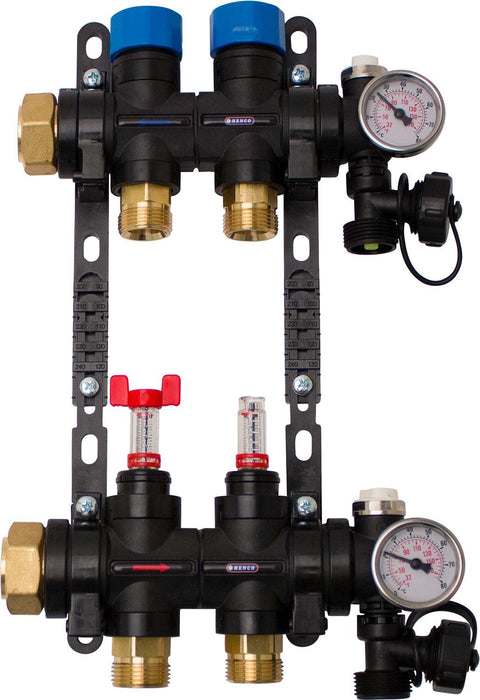 Composiet collector vloerverwarming Henco 4/4"-2X3/4"EK (debietmet/thermomet/vul-aftapkraan/purg)