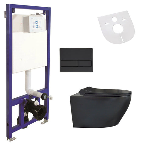Aloni wc randloos hang-wc - compleetset met inbouwreservoir, bedieningsplaat softclose wc-bril geluidsisolatie - Mat zwart, wc-packs — SKU MB-19126-22653, EAN 5404029121374