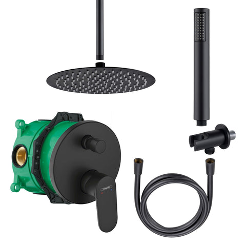 Doucheset met Hansgrohe Vernis Blend inbouw bad-/douchemengkraan iBox universal zwart rond en Belvit regendouche handdouche doucheslang douchearm plafondaansluiting wandaansluitbocht, douchekolommen & douchesets — SKU MB-29063-32689, EAN 5404029134527