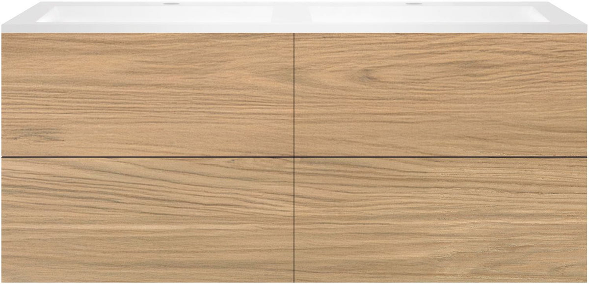 Onderbouw COFFEE 4 lades 140 duo eik klassiek+dubbele wastafel kunstmarmer wit