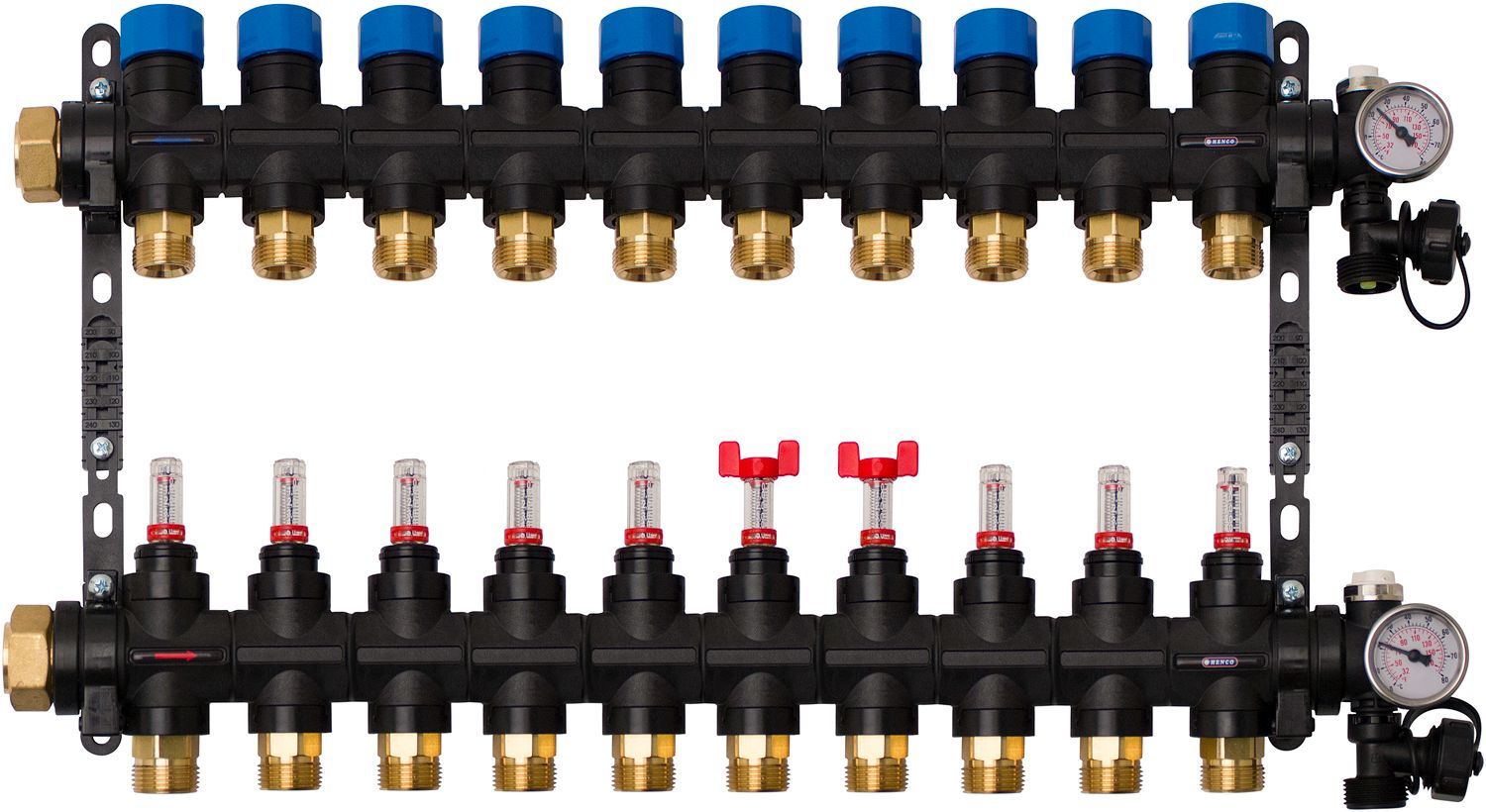 Composiet collector vloerverwarming Henco 4/4"-10X3/4"EK (debietmet/thermomet/vul-aftapkraan/purg)