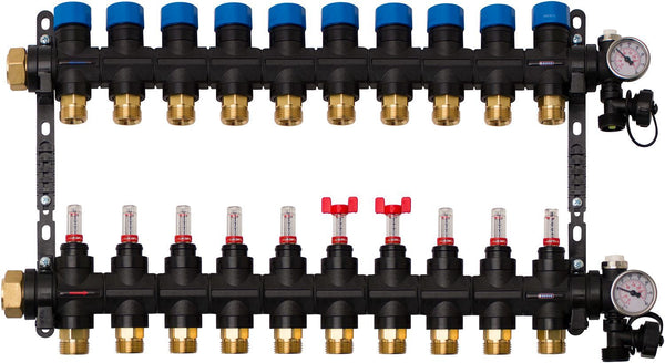 Composiet collector vloerverwarming Henco 4/4"-10X3/4"EK (debietmet/thermomet/vul-aftapkraan/purg)