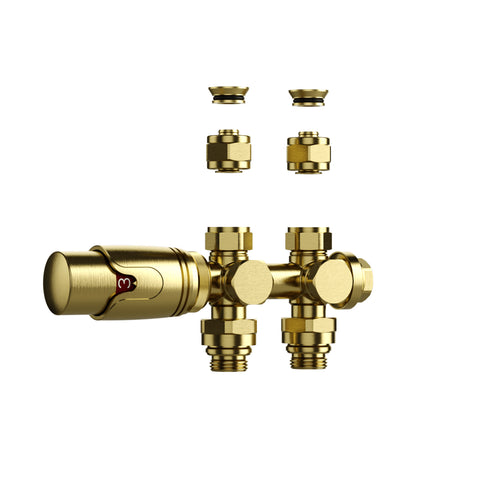 Belrad radiatorkraan - design - thermostatisch - middenaansluiting - muur-en vloeraansluiting - geborsteld Goud, radiatoren — SKU MB-19323-22850, EAN 5404029156741