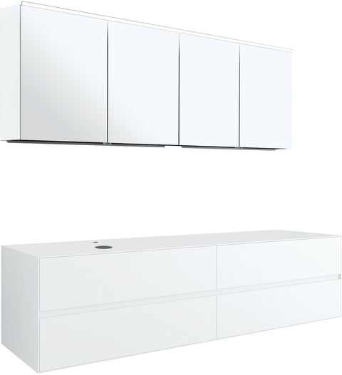 MEUBEL 4LADES+TABLET VOOR OPBOUWLAVABO LINKS TENSO 180CM +KRAANGAT WIT MET SPIEGELKAST