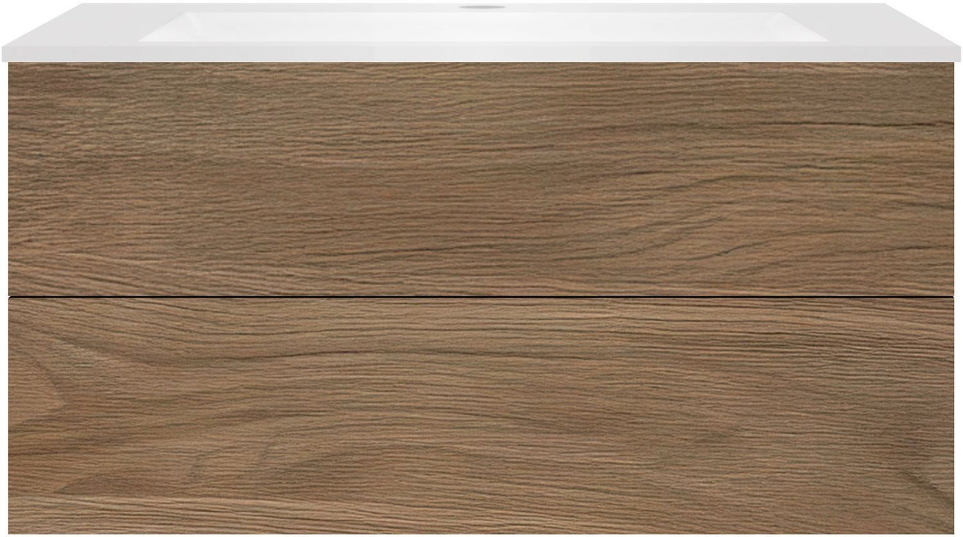Onderbouw COFFEE 2 lades 120 eik caramel+wastafel kunstmarmer wit