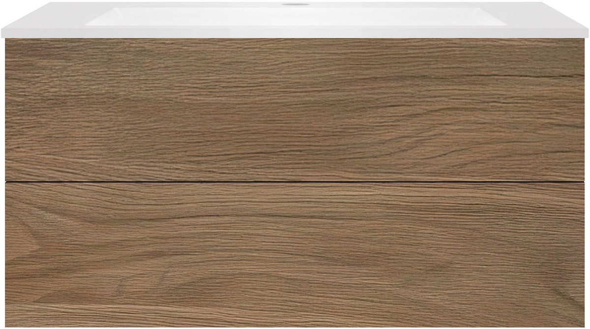 Onderbouw COFFEE 2 lades 120 eik caramel+wastafel kunstmarmer wit