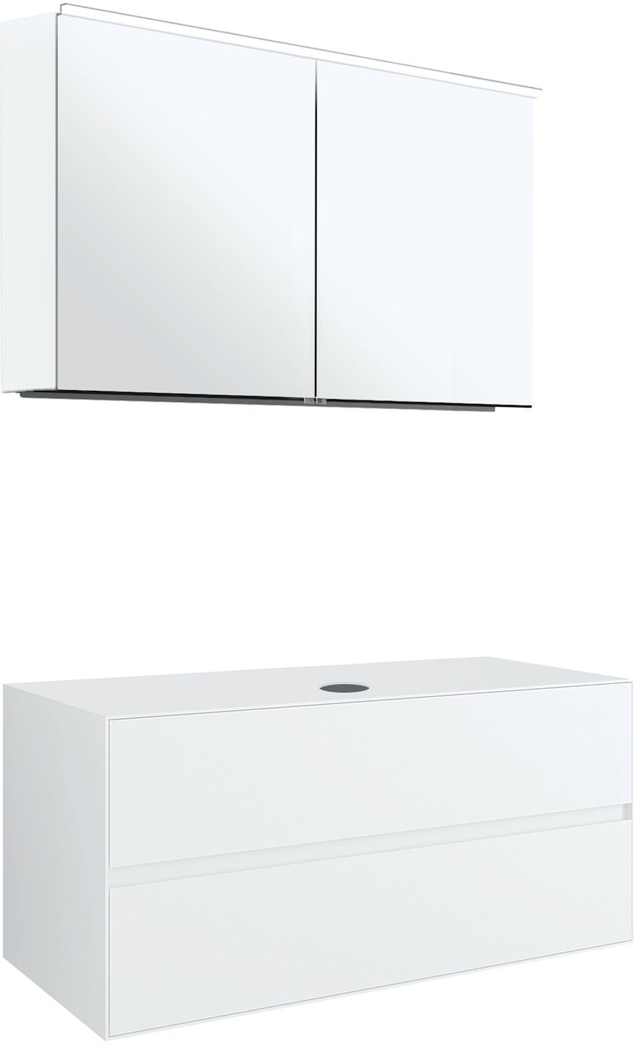 Meubel 2LADES+TABLET voor opbouwlavabo centraal tenso 120CM zonder kraangat wit met spiegelkast