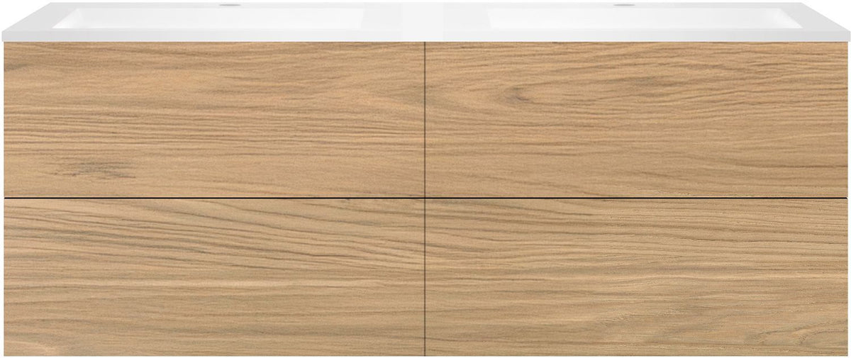 Onderbouw COFFEE 4 lades 160 duo eik klassiek +dubbele wastafel kunstmarmer wit