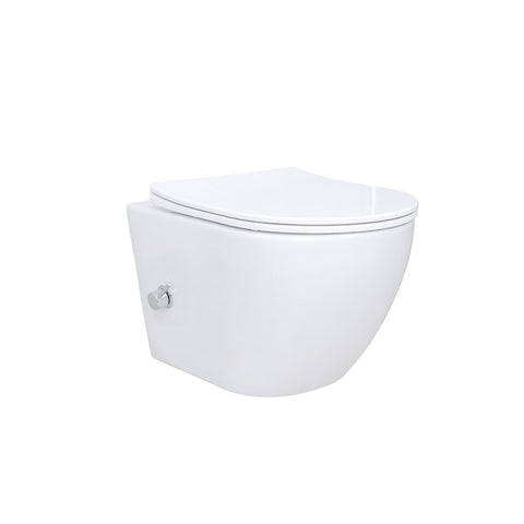 BELVIT Hang WC met Bidet Taharet Functie uit Keramiek met Roestvrij staal Kraan voor Koud en Warm water Softclose Deksel randloos - Wit, douche-wcs — SKU MB-18789-22316, EAN 5404029121077