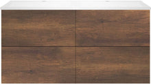 SOUS MEUBLE COFFEE 4 TIROIRS 120 DUO CHENE ROUILLE +DOUBLE LAVABO EN MARBRE SYNTHETIQUE BLANC MAT