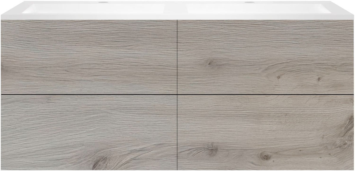 Onderbouw COFFEE 4 lades 140 duo eik zilver+dubbele wastafel kunstmarmer mat wit