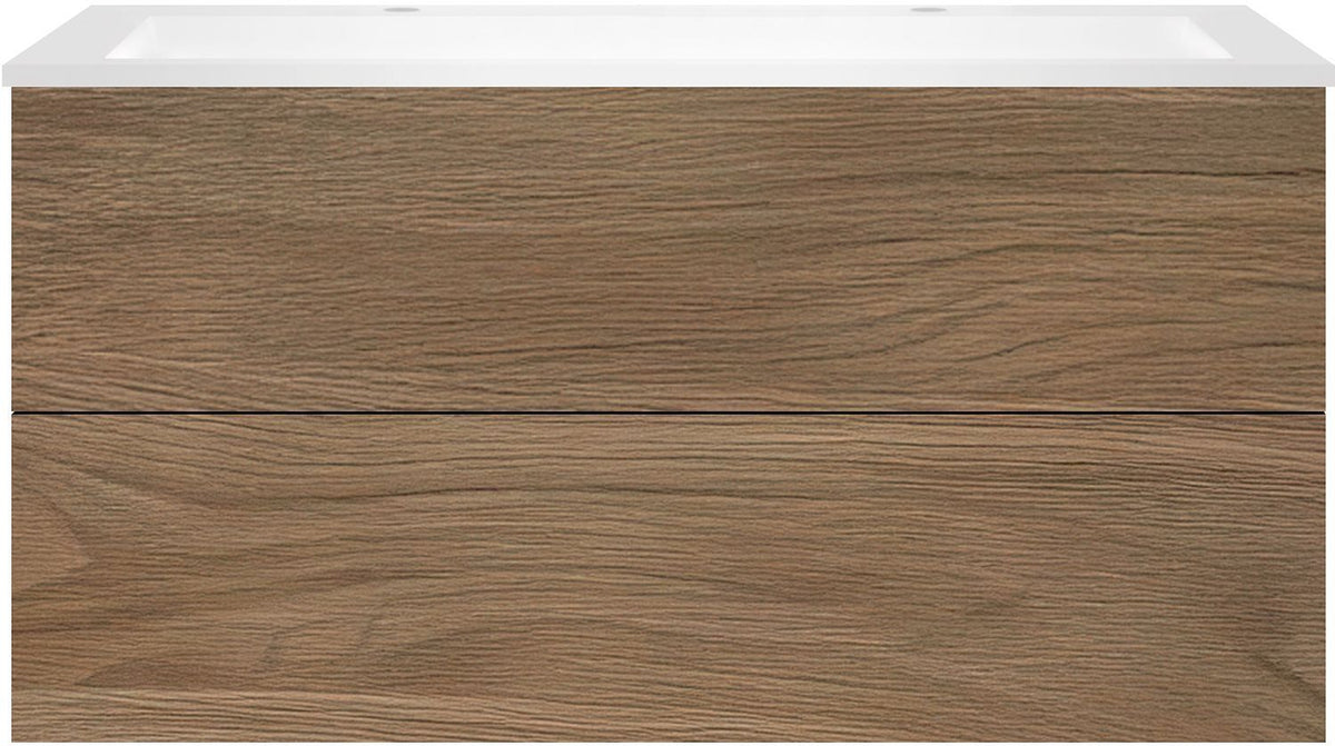 Onderbouw COFFEE 2 lades 120 eik caramel + wastafel 2 kraangaten kunstmarmer mat wit