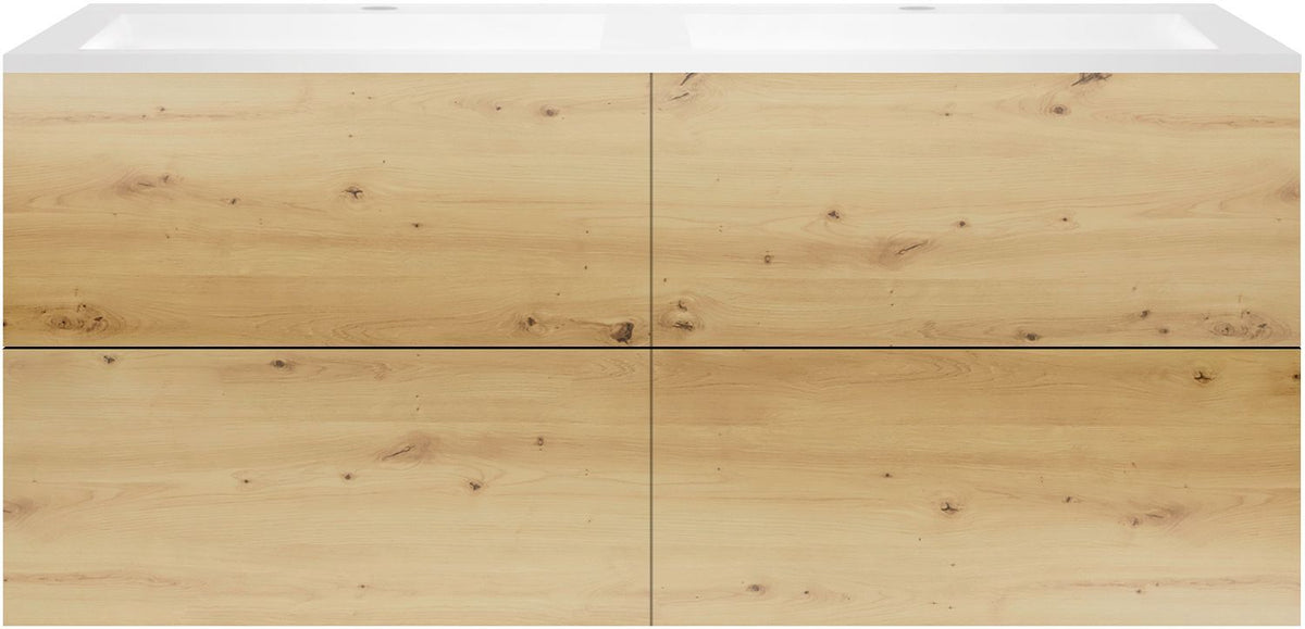 Onderbouw COFFEE 4 lades 140 duo eiken urban +dubbele wastafel kunstmarmer wit