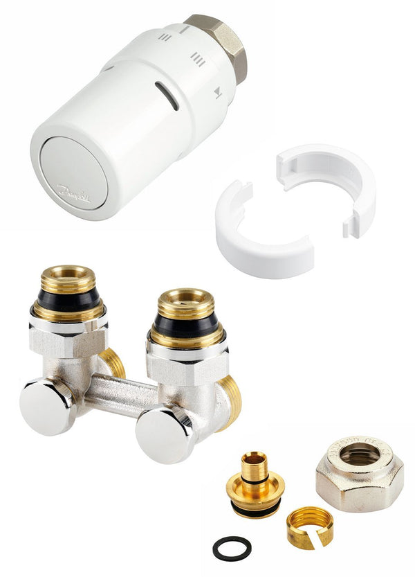 Design CV kraanset thermostatisch voor ventielradiator 1/2" of 3/4" +koppelingen 16MM Danfoss haaks