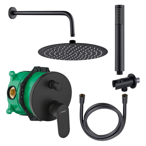 Doucheset met Hansgrohe Vernis Blend inbouw bad-/douchemengkraan iBox universal zwart rond met Belvit regendouche handdouche doucheslang douchearm wandaansluitbocht, douchekolommen & douchesets — SKU MB-27610-31143, EAN 5404029131045