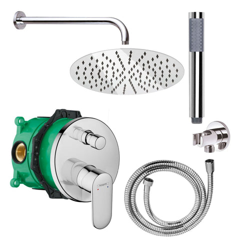Doucheset met Hansgrohe Vernis Blend inbouw bad-/douchemengkraan iBox universal chroom rond en Belvit regendouche handdouche doucheslang douchearm wandaansluiting wandaansluitbocht, douchekolommen & douchesets — SKU MB-27609-31142, EAN 5404029131007