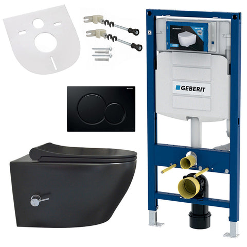 Randloze hang-wc met softclose-zitting, kraan, zwart bedieningspaneel compatibel met Geberit inbouwelement