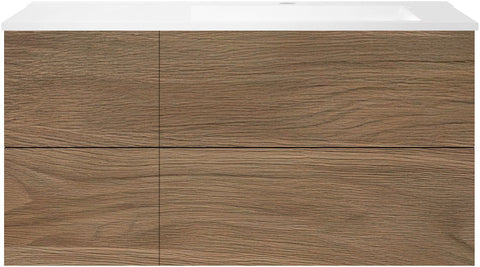 Onderbouw coffee 4 lades 120 eik caramel+wastafel rechts kunstmarmer mat wit, badkamermeubelen — SKU DESCO-192351
